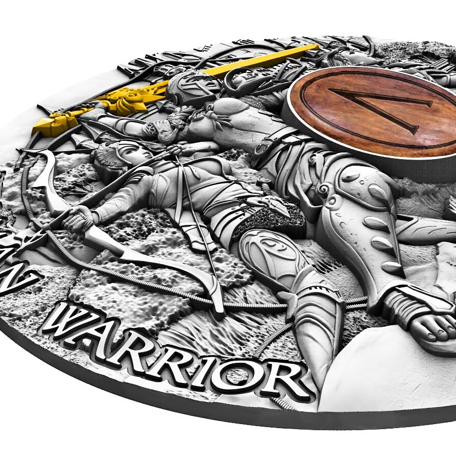 Niue Island AMAZONS series WOMAN WARRIOR $5 Silver Coin 2019 Antique finish Ultra High Relief Wooden shield Gold plated 2 oz